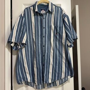 Blue‎ and White Denim Collared Striped Men's Short Sleeve Shirt XL